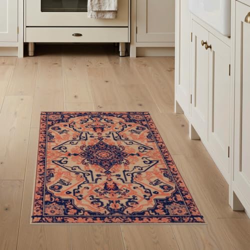 3'x5' Beige Navy Coral Boho Medallion Prayer Washable Throw Rug - color: Beige/Pattern 7, size: 3' x 5' (Rectangular)