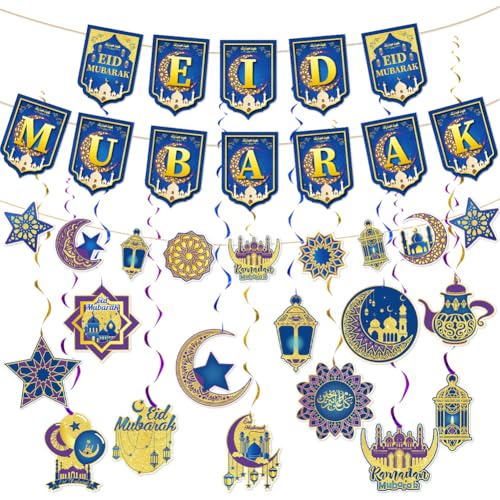 Eid Mubarak Party Decoration,Muslim Ramadan Letter Bunting Banner Kareem Crescent Moon Star Castle Pattern Ceiling Hanging Swirl Streamers Garland for Eid Al-Fitr Islamic Eid al-Adha Party
