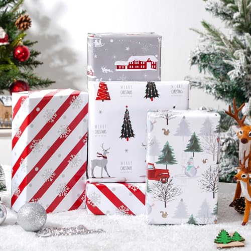 Cuitpan White Christmas Wrapping Paper Bundle for Kids Adults - Reindeer, Stripes, Woodlands, Snowflake, Red Truck Winter Scene Designs - 28 x 40 Inches, 6 Jumbo Sheets, Recycled - color: White-Christmas