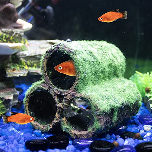 PENN-PLAX Deco-Replicas Hide-Away Pipes with Club Moss Aquarium Decoration – Realistic Appearance with Various Textures – Safe for Freshwater and Saltwater Fish Tanks