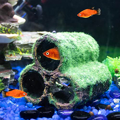 PENN-PLAX Deco-Replicas Hide-Away Pipes with Club Moss Aquarium Decoration – Realistic Appearance with Various Textures – Safe for Freshwater and Saltwater Fish Tanks