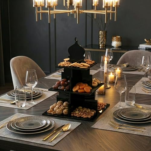 3 Tier Serving Stand and Tiered Serving Tray Display, Clear Acrylic Minaret Design Table Decor, Dessert Fruit & Date Stand for Iftar, Islamic Table Centerpiece for Ramadan and Eid - color: Black, size: 11.8" x 7.5" x 11.8"