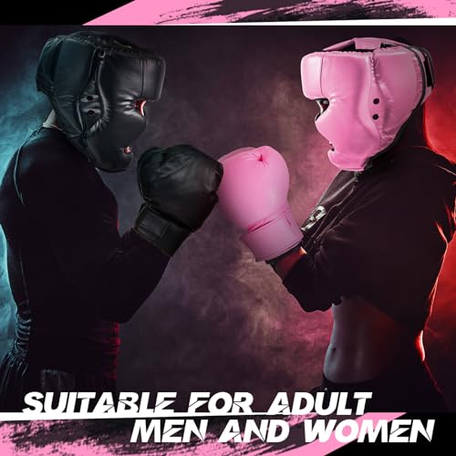 Kanayu 3 Pieces Boxing Headgear and 3 Pairs Gloves Set Shockproof Leather Boxing Helmet Safety Head Guard Punching Bag Gloves for Men Women Youth Beginners - color: Black, White