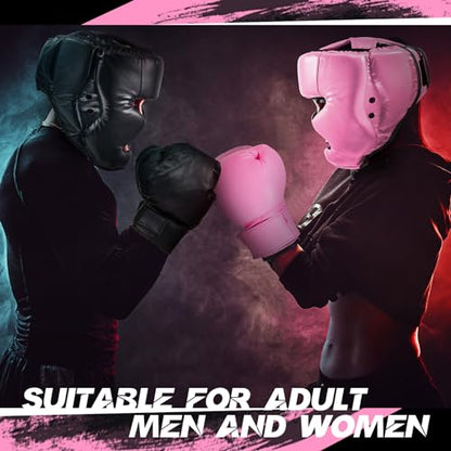 Kanayu 3 Pieces Boxing Headgear and 3 Pairs Gloves Set Shockproof Leather Boxing Helmet Safety Head Guard Punching Bag Gloves for Men Women Youth Beginners - color: Black, White