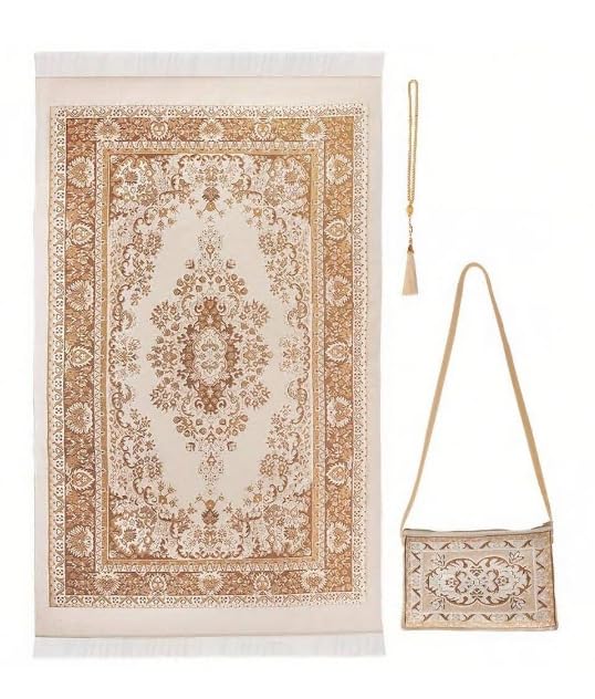 Islamic Travel Prayer mat Mus Portable Prayer Rug Muslim Prayer Mat and Prayer Beads | Janamaz | Sajadah | Soft Islamic Prayer Rugs | Taffeta Fabric 70 * 110 Brown