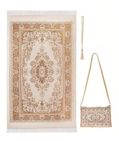 Islamic Travel Prayer mat Mus Portable Prayer Rug Muslim Prayer Mat and Prayer Beads | Janamaz | Sajadah | Soft Islamic Prayer Rugs | Taffeta Fabric 70 * 110 Brown