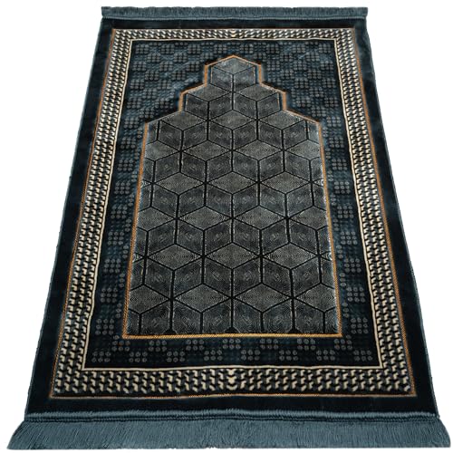 Modefa Turkish Islamic Velvet Prayer Rug - Thick & Wide Soft Carpet for Men & Women - Double Plush Large Janamaz - Eid & Ramadan Gift - with Kufi, Beads & Car Hanger - Geometric Noor (Ice Blue) - color: Ice Blue