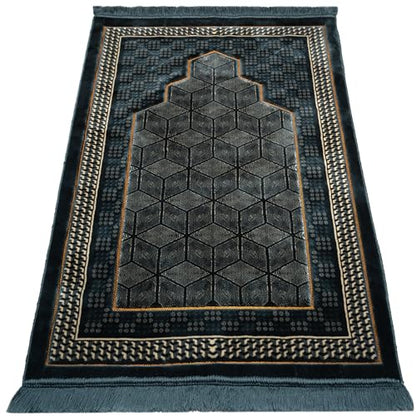 Modefa Turkish Islamic Velvet Prayer Rug - Thick & Wide Soft Carpet for Men & Women - Double Plush Large Janamaz - Eid & Ramadan Gift - with Kufi, Beads & Car Hanger - Geometric Noor (Ice Blue) - color: Ice Blue