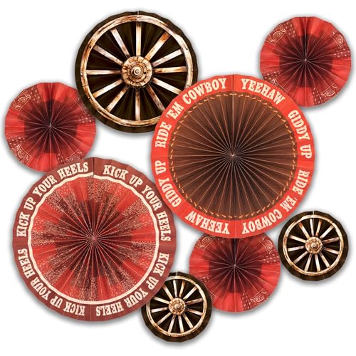 Western Paper Fans, 8 Pack Hanging Cowboy Rodeo Party Decor - color: Western