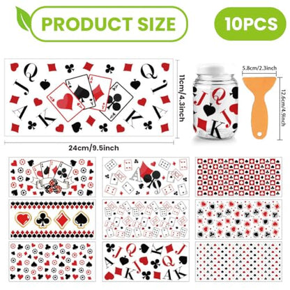 arricraft 10 Sheets Playing Cards Theme UV DTF Cup Wrap for 16OZ Glass, Hearts Spades Rub on Decals PVC Transfer Stickers for DIY Cups Window Home Printing Decoration 24x11cm/9.4x4.3inch - style: Playing Cards Theme