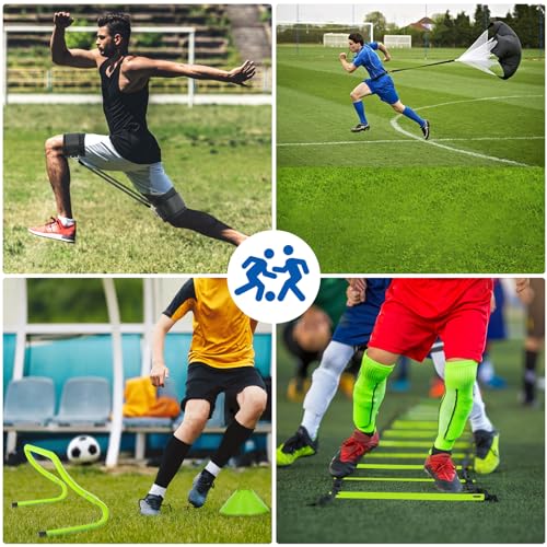 Haootadiy Agility Training Equipment, Football Training Equipment Includes 20FT Agility Ladder,4 Adjustable Agility Hurdles, 12 Football Cones, Parachute, for Training Soccer Basketball Athletes - color: GREEN