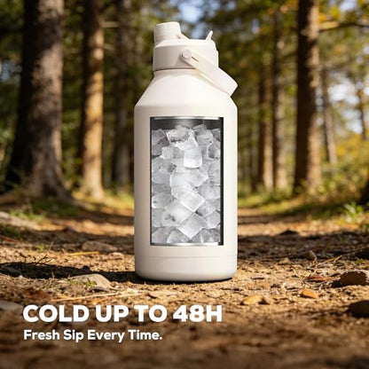 POWCAN 64 oz Water Bottle Insulated with 2-in-1 Straw and Spout Lid, Carrier Bag, Handle Strap, Leakproof, BPA-Free, Half Gallon Metal Water Bottle for Camping, Picnic and Hydration (Cream) - color: Cream