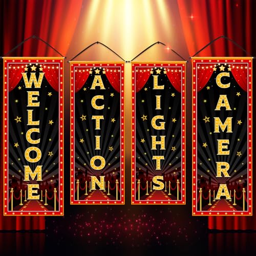 Panelee 4 Pcs Movie Night Porch Banner Movie Themed Party Decorations Theater Welcome Lights Camera Action Front Door Sign Hanging Decoration for Home Photo Film Booth Backdrop Party Supplies - style: Movie Night