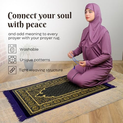 Muslim Prayer Rug, Soft Plush Thin Islamic Prayer Mat, Janamaz, Sajada, Praying Carpet, Islamic Gift for Men & Women, Islamic Ma, Eid & Ramadan Gift with Prayer Beads, 26x43 inch, Sky Blue - color: Diriyah / Skyblue