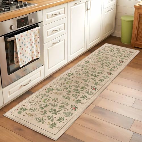 Vintage Botanical 2' x 6' Hallway Runner Rugs, Washable Entryway Rugs Carpet with Rug Tape, Country Herbs Leaves Plants Flowers Brown Accent Throw Rug Mat for Kitchen Bedside Entryway Kithcen - size: 2' x 6' (Rectangular)