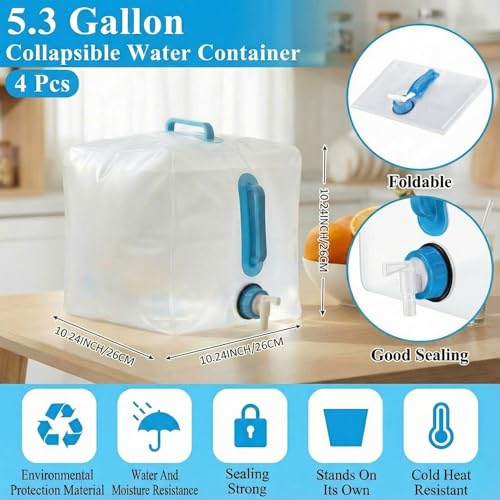 4-Pack 5.3Gal Collapsible Water Containers with Spigot - Labor-Saving Dual Handles - BPA Free Canteen for Outdoor Hiking, Camping, Emergency - Portable, Foldable