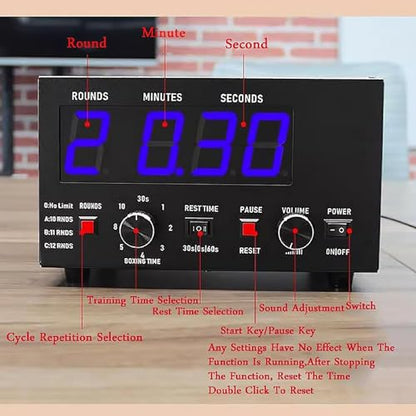 Boxing Interval Timer, Boxing and Muay Thai Timer with Blue LED Screen, Beep Timer Reminder, Full Button Knob Operations, Round Time Optional Gears, for Muay Thai/MMA/Kickboxing