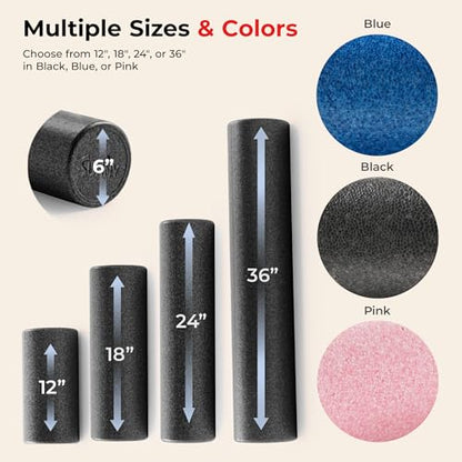 Sunny Health & Fitness High-Density Foam Roller 12" to 36", for Stretching & Muscle Recovery – Black, Blue, Pink - color: Black, size: 36-Inch