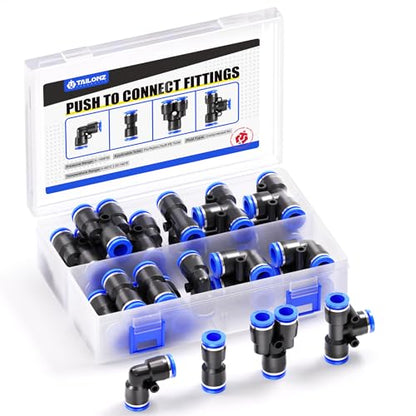 TAILONZ PNEUMATIC 12mm od Push to Connect Fittings Pneumatic Fittings Kit 5 Spliters+5 Elbows+5 tee+5 Straight (20 pcs) - color: Blue, size: 12MM OD/20PCS