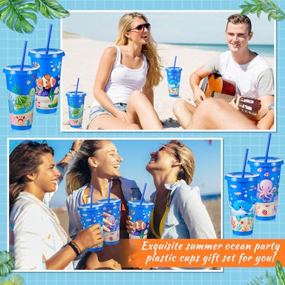 Chuangdi 12 Pcs Under The Sea Party Cups 24 oz Reusable Plastic Tumblers with Lids and Straws Themed Drinking Cups for Birthday Decorations Ocean Sea Party Favors Supplies Gifts - style: Sea