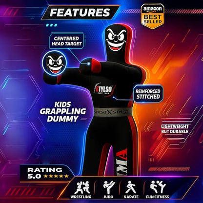 Unfilled Wrestling Dummy for Kids – Youth Grappling Dummy BJJ, MMA, Jiu Jitsu & Judo Training Partner – Durable Martial Arts Practice Buddy - color: Black, size: 4ft / 48"
