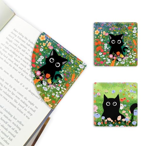 2 Pack Cat Hiding in the Flowers Leather Book Corner Bookmark, Durable Handmade Reading Accessories - Gifts for Readers, Women, Men, Teachers, Students 2 - color: 2pack-cat Hiding in the Flowers 2