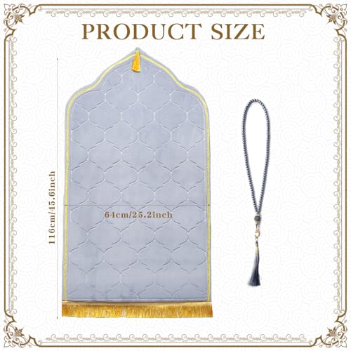 Muslim Prayer Rug with Tasbih Prayer Beads, Extra Thick Padded Non-Slip Islamic Prayer Matt,Turkish Praying Carpet Ottoman Blankets Ramadan Gift for Ramadan, Eid, Hajj, Travel, Pray (Grey) - color: Grey