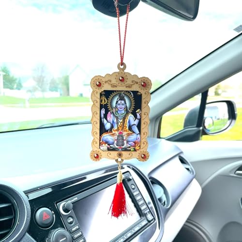 LoveNspire Hindu Car Hanging Ornament Car Hanger Photo Frame Rear View Mirror Car Charm Interior Decoration Accessories Car Dashboard Decor Ganesha Krishna Hanuman Om Balaji Shiv (Pack of 1) - style: Shiv