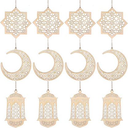 WILLBOND 12 Pcs Wood Ramadan Decorations Eid Decorations Islam Mubarak Wooden Ornaments Mubarak Hanging Hollow Pendant Ramadan Party Eid Al Adha Ornaments Moon Star Lantern for Muslim Islam Festive