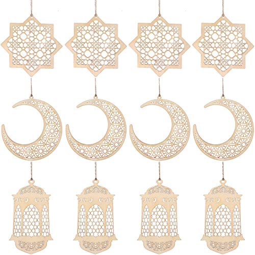 WILLBOND 12 Pcs Wood Ramadan Decorations Eid Decorations Islam Mubarak Wooden Ornaments Mubarak Hanging Hollow Pendant Ramadan Party Eid Al Adha Ornaments Moon Star Lantern for Muslim Islam Festive