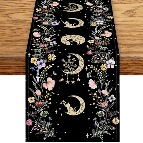 Boho Floral Table Runner, Spring Wild Floral Botanical Moon Phase Cat Mystic Seasonal Gothic Witch Black Coffee Table Center Decor for Family Kitchen Outdoor Holiday Party Table Decorations, 13"x36" - color: Moon Flower-3, size: 13“ X 36"