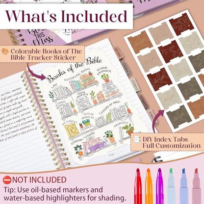 XKDOUS Hardcover Spiral Notebook with Tabs and Bible Tracker, College Ruled Notebook Journal, Church Notes Journal for Women, Bible Journal, Blank Notebooks for Work School Note taking, Purple - color: Purple