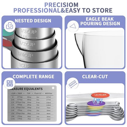 Magnetic Measuring Cups and Spoons Set, 5 Stainless Steel Measuring Cups for Dry and Liquid Ingredients, 7 Magnetic Measuring Spoons, 3 Plastic Measuring Cup with 1 Measuring Conversion Chart