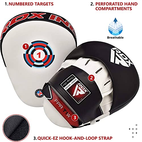 RDX Boxing Pads Focus Mitts, Maya Hide Leather Curved Hook and Jab Target Hand Pads, Great for MMA, Kickboxing, Martial Arts, Muay Thai, Karate Training, Padded Punching, Coaching Strike Shield - color: White