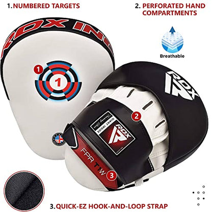 RDX Boxing Pads Focus Mitts, Maya Hide Leather Curved Hook and Jab Target Hand Pads, Great for MMA, Kickboxing, Martial Arts, Muay Thai, Karate Training, Padded Punching, Coaching Strike Shield - color: White