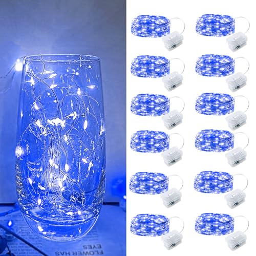 Blue Led Fairy Lights Battery Operated, 12 Pack LED Mini String Lights, 7FT 20LED Silver Wire Firefly Starry Moon Lights for DIY Fairy String Light for Gender Reveal Party Wedding Christmas Decor - color: Blue