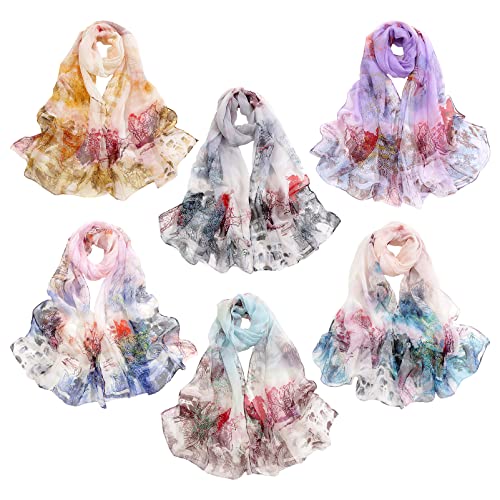 amokk 6 Packs Fashion Scarves for Women Lightweight Chiffon Scarfs for Women Summer Shawl Warp Floral Head Scarf - color: Color-3