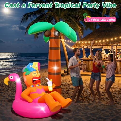 Lewondr 6FT Inflatable Tiki Luau Decor, Flamingo Coconut Palm Luau Party Decorations, Blow up Hawaiian Outdoor Decoration with 7 LED Lights, Summer Outdoor Inflatable for Tropical Pool Beach Yard Lawn - style: Flamingo Coconut Palm