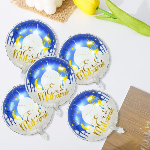 5 Pcs Eid Mubarak Balloons Ramadan Decorations, Round Eid Mubarak Balloons for Muslim Ramadan Kareem Party Decor