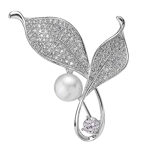 Crystal Pearl Flower Brooches Pins Fashion Beautiful Created Rhinestone Floral Brooch Good Idea for Party Dance Wedding Banquet for Elegant Women Girl - color: Silver Leaves