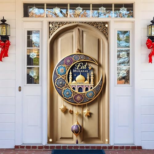 Eid Mubarak 71x35 Inch Door Cover Banner Crescent Moon Mosque Decoration for HomePorch Indoor Outdoor Ramadan and Eid Celebration Decor - color: Style 1
