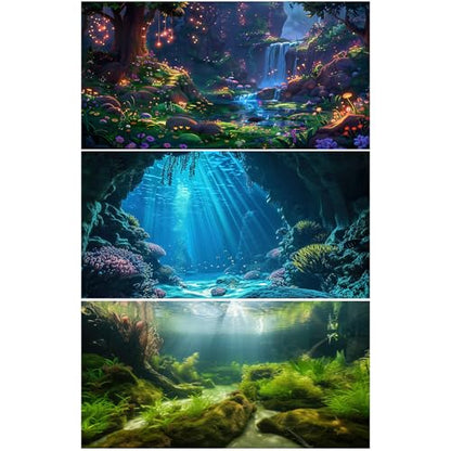 Aquarium Background 3 Pack Underwater Fish Tank Background Sunlight Rays Deep Sea Terrarium Background Fantasy Forest Mashroom Waterfall Aquarium Fish Tank Background 36x18in