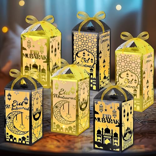 Cinrobiye 6Set Ramadan Centerpiece Table Decorations Eid Mubarak Light Up Paper Lanterns Islamic Muslim Party Table Decor Black Gold - color: Black