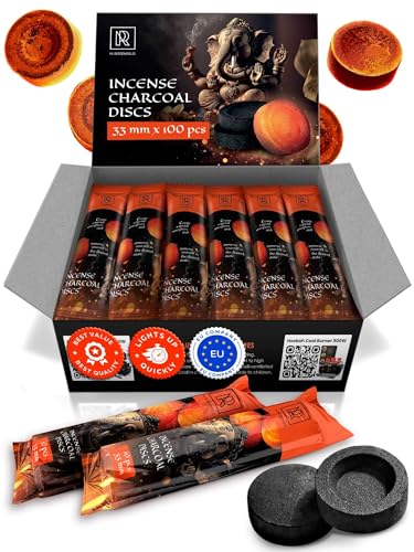 Charcoal Discs to Burn Incense - 100 pcs Charcoal for Incense Burning - 33 mm Most Quick Light Coals Tablets by M. ROSENFELD - 33 mm Resin Burner Rolls – Pack of 100 Instant Fire Coal Tablets - color: 100 Charcoal Discs