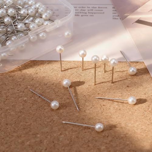 50pcs Decorative Pearl Push Pins, Pearl-Head Sewing Thumb Tacks, Round Straight Pins Bouquet Pushpins for Photos Map Boards Wedding Home Accessories DIY Crafts- White