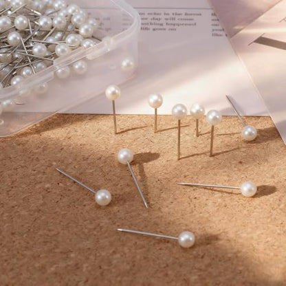 50pcs Decorative Pearl Push Pins, Pearl-Head Sewing Thumb Tacks, Round Straight Pins Bouquet Pushpins for Photos Map Boards Wedding Home Accessories DIY Crafts- White
