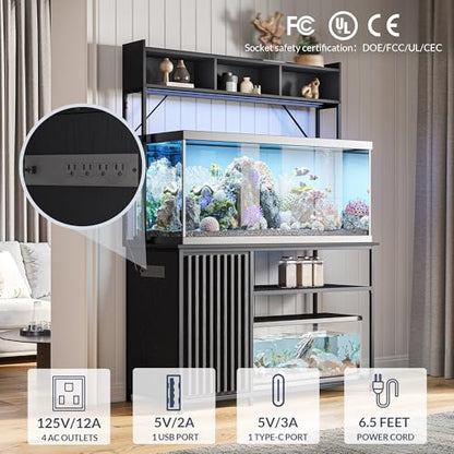 BELLEZE 55-90 Gallon Aquarium Stand with LED Lights, Fluted Cabinet for Fish Tank Accessories Storage, Heavy Duty Metal & Power Outlets, 1200 LBS Capacity, Turtle Tank Reptile Terrarium, Black Ebony