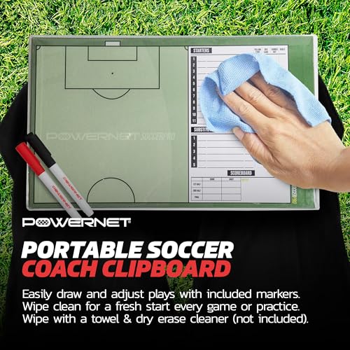 PowerNet Soccer Pro Coaching Board, Dry Erase Magnetic Clipboard, Built-in Line Up Card, Double Sided Weatherproof Soccer Coaching Board, Includes 2 Dry Erase Markers - style: Soccer