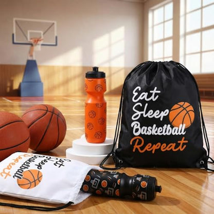 Reallnaive Party Favors Gifts, 24 oz Water Bottles Reusable Sport Squeeze Drinking Cup, Eat Sleep Drawstring Bag Cinch Sack Sport Pack for School Team Gift Event Accessories - style: Basketball