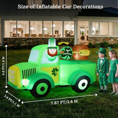 Lewondr 7.87FT St Patricks Day Inflatable Outdoor Decorations, Inflatable Leprechaun Drive a Car with Shamrocks, Blow up Yard Decoration with 11 Build-in Lights for Holiday Party Yard Lawn Garden - style: Green Car